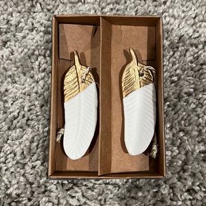 White and gold ceramic feather boho Christmas holiday tree ornaments